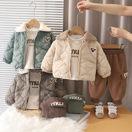 Suit Children's Autumn and Thickened Turn-down Collar Jacket Three-piece Set 2025 New Stylish Boys' Winter Clothes
