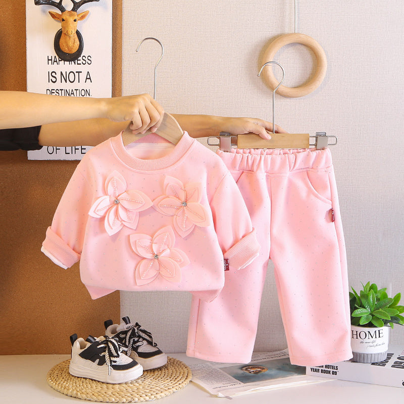Girls' Outfit 2026 New Fashionable Baby Girl Children's Spring and Autumn Stylish Double-Layer Floral Long-Sleeve Two-Piece Set