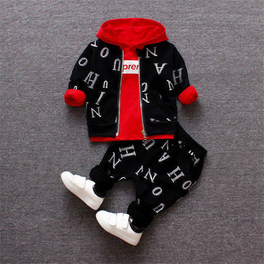 Spring and Autumn New Boys Zipper Shirt Three-Piece Toddler Baby Full Print Letter Hooded Long Sleeve Sweatshirt Set