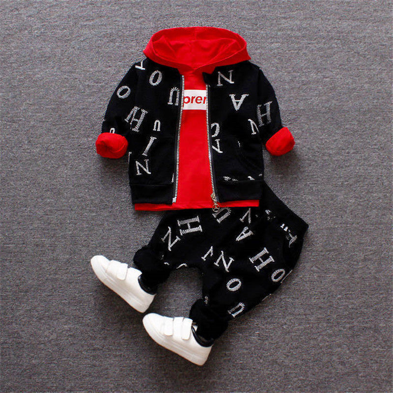Spring and Autumn New Boys Zipper Shirt Three-Piece Toddler Baby Full Print Letter Hooded Long Sleeve Sweatshirt Set