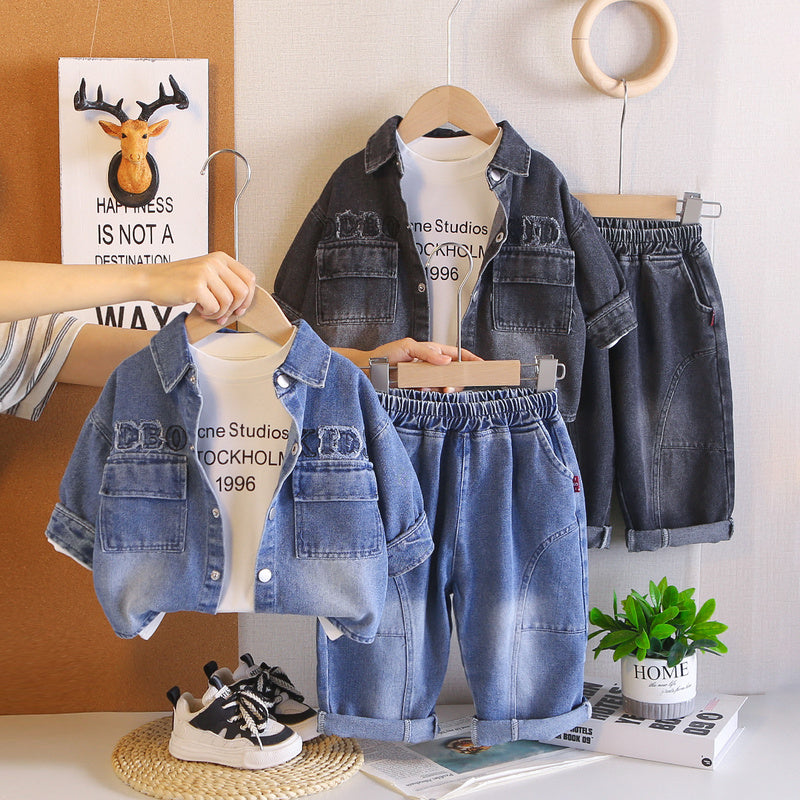 Children's clothing 2026 new outfit, Korean-style letter denim three-piece set boys, suitable for spring and autumn