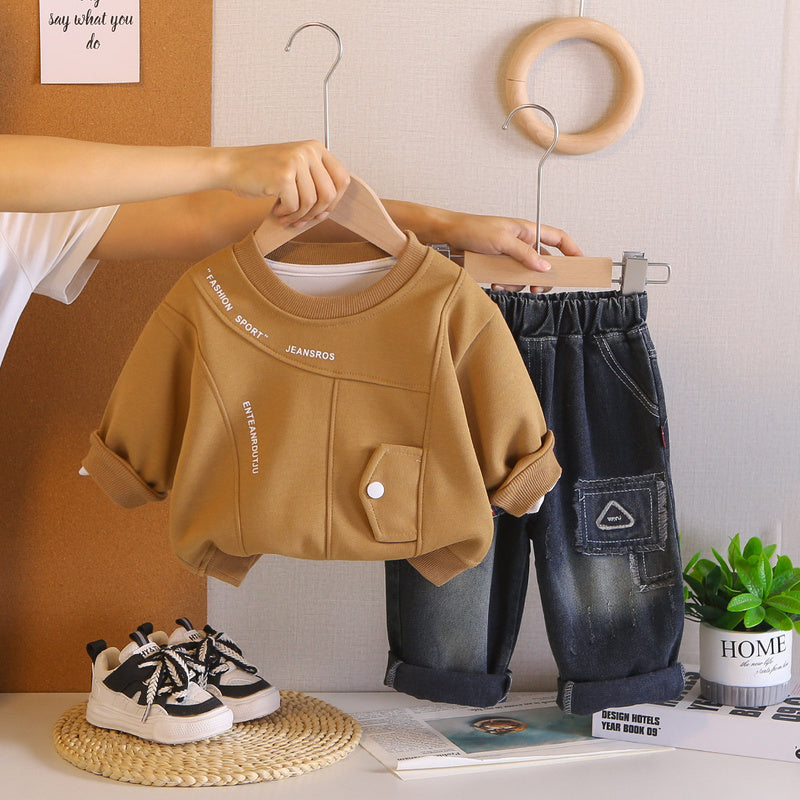 Sweatshirt Spring New Style Boys' Korean Version 2025 Kids' Patchwork Sports Set Casual Children's Clothing
