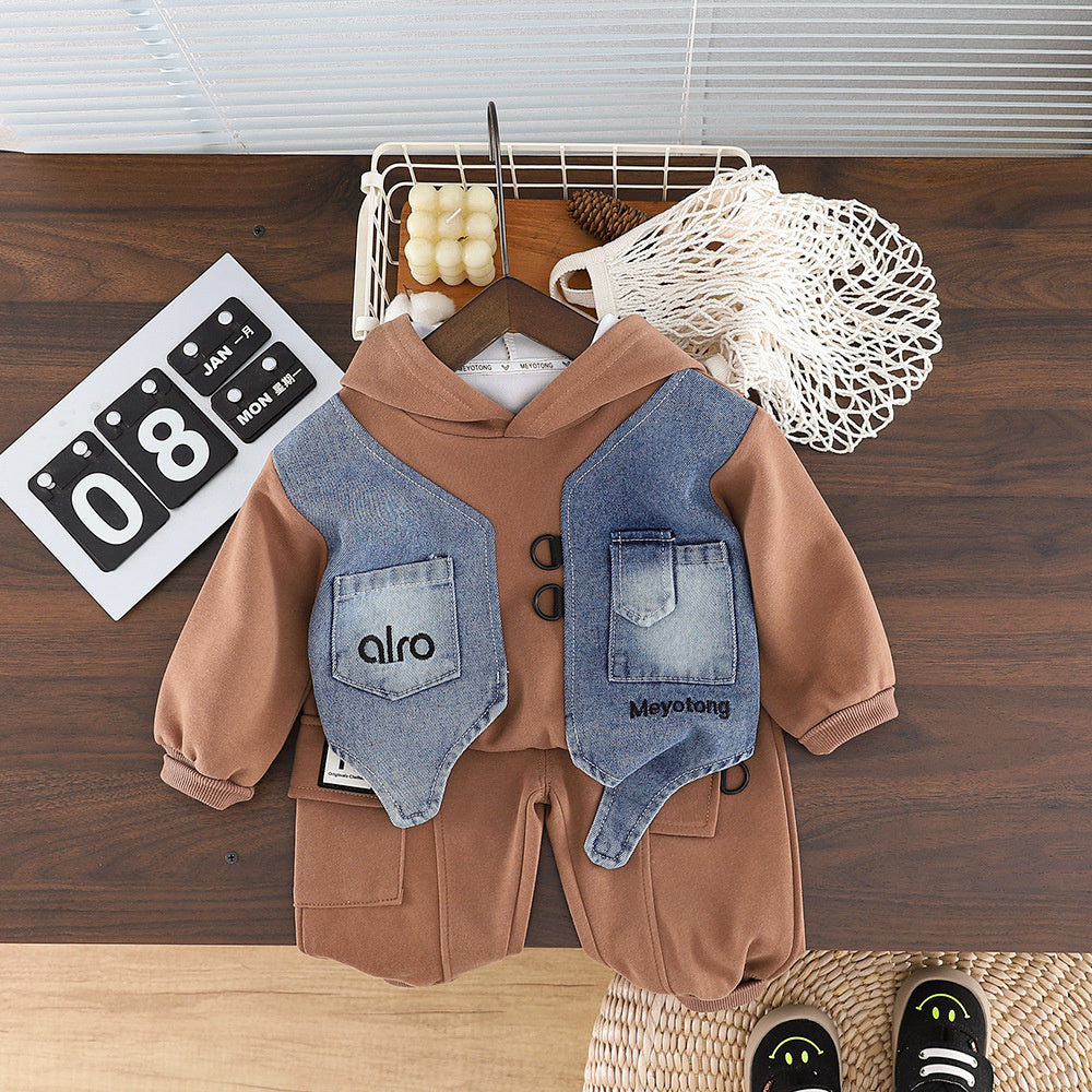 Children's clothing for spring and autumn, boys' denim fake vest two-piece toddler hooded sweatshirt top set, baby clothes