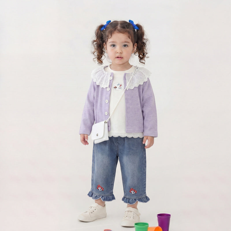 2026 Spring New Korean Style Outfit Girls, Autumn Fashion Three-Piece Set with Ruffle Collar and Mushroom Design for Toddlers