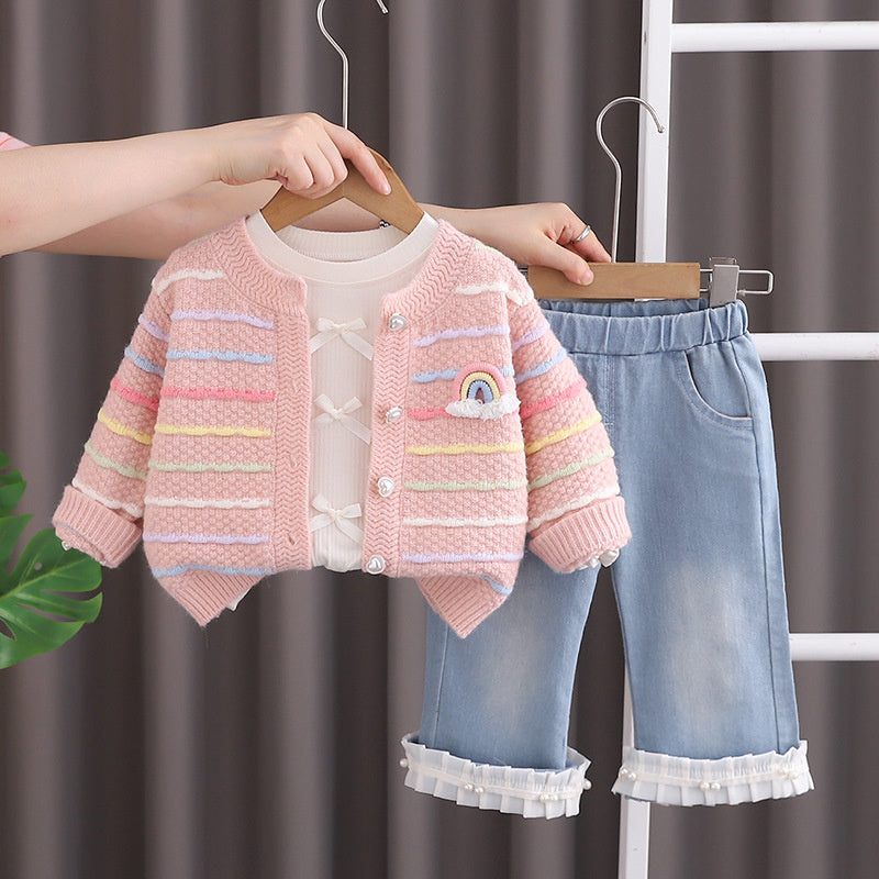 Girls' Outfit Spring and Autumn Colorful Sweater Cardigan Three-Piece Set Stylish for 2-Year-Old Girls 1-Year-Old Baby Girl Clothes