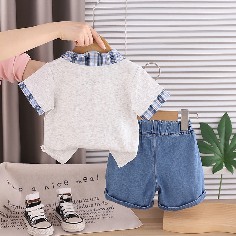 Boys' Outfit 2026 New Fashionable Baby Plaid Smiley Face Short Sleeve Two-Piece Set Children's Summer Clothing