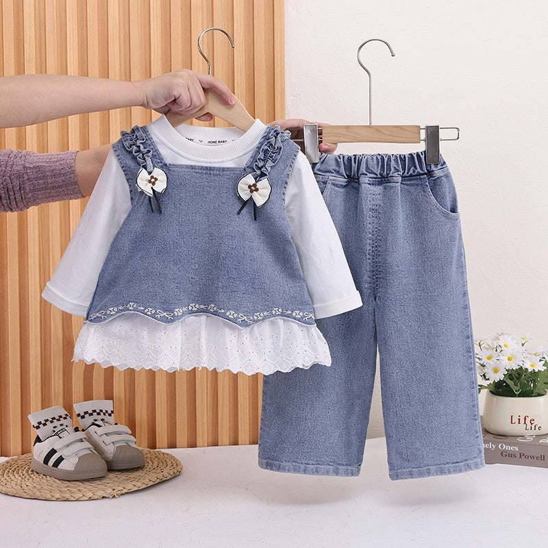Girls' Spring Outfit Set 2026 New Korean Style Children's Embroidered Hem Vest Three-Piece Princess Baby Girl Clothes