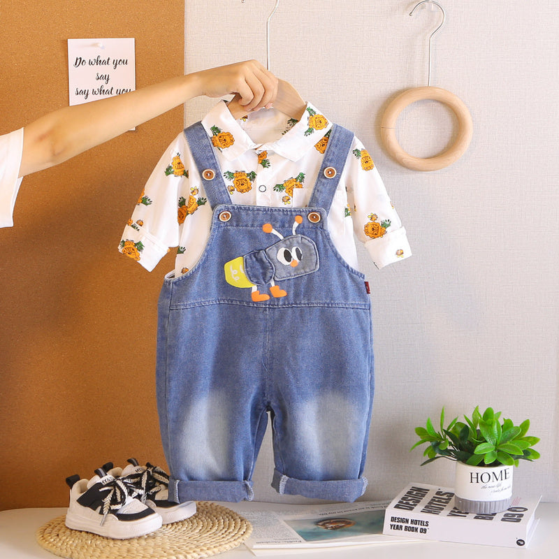 Boys' Cartoon Outfit 2026 New Fashionable Baby Long-Sleeve Denim Overalls Spring and Autumn Two-Piece Set