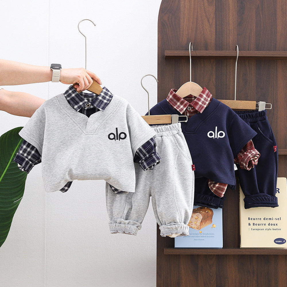Boys' Autumn 2026 New Style Baby Boy Spring Outfit Stylish Plaid Shirt Long Sleeve Three-Piece Set for Infants and Children