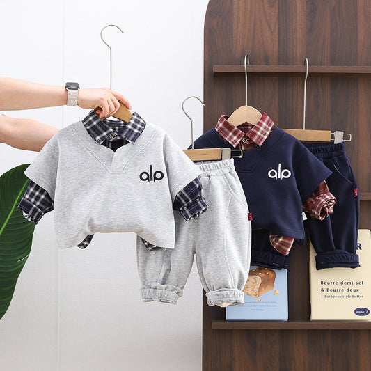 Boys' Autumn 2026 New Style Baby Boy Spring Outfit Stylish Plaid Shirt Long Sleeve Three-Piece Set for Infants and Children