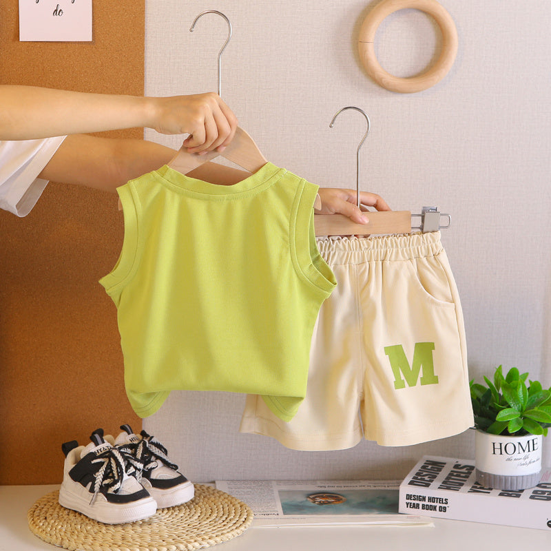 Boys' Outfit 2026 New Cool and Stylish Children's Clothing Summer Hat Letter Print Baby Vest Two-Piece Set