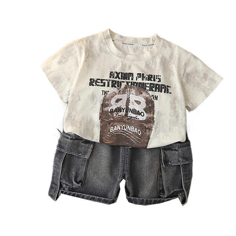 Baby Outfit Set 2026 New Model Boys' Letter Print Hat Short Sleeve Shorts Infant Children's Clothing Stylish for Toddlers in Summer