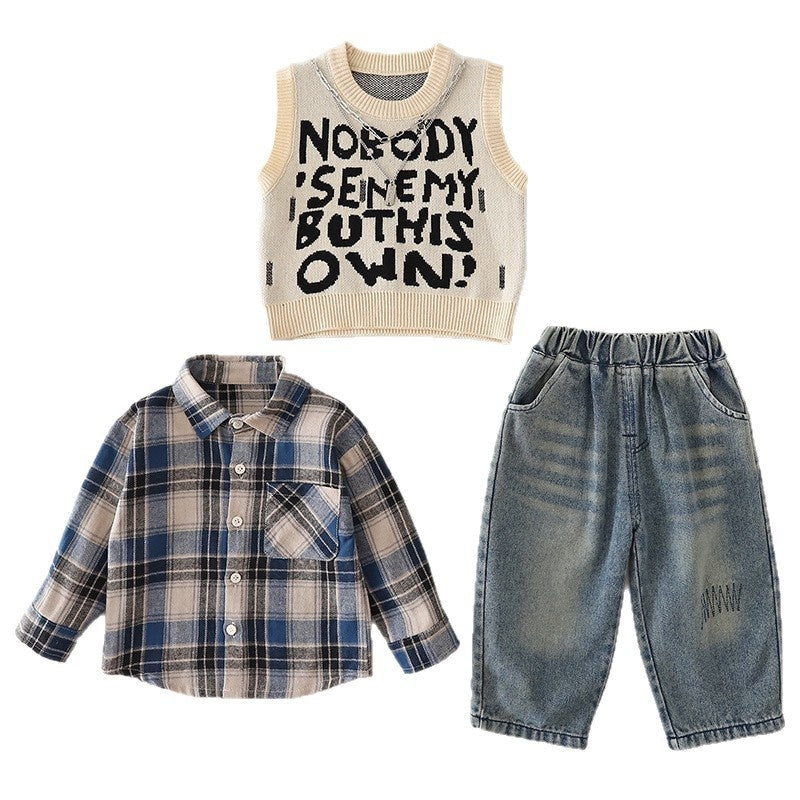 Baby clothes fashion Korean style full-body letter sweater three-piece set for one-year-old boys, trendy spring and autumn outfit