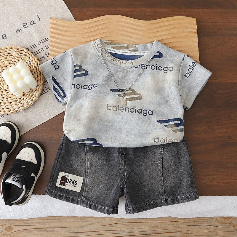Boys' Stylish Outfit 2026 New Model for Toddlers, Lightweight Summer Wear with Jacquard Letter Print Short Sleeve Two-Piece Set