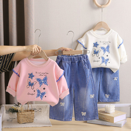 Baby Girl Outfit Set 2026 New Korean Style Children's Clothing with Four Butterflies, Stylish Autumn Sweatshirt for Girls