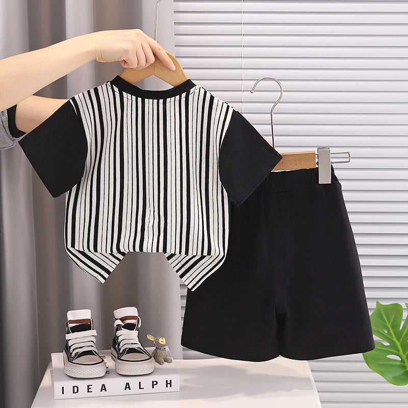 Boys' Outfit 2026 New Style Infant Children's Summer Vertical Stripe Letter Pocket Short Sleeve Two-Piece Set Baby Fashion