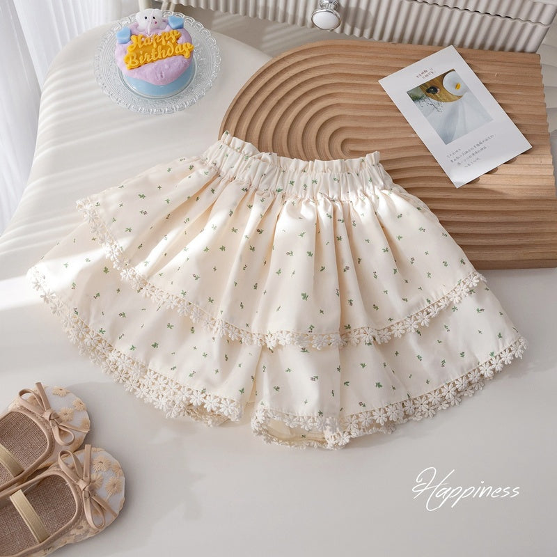 Girls' Floral Shorts Korean Style Lace Trim Casual 2026 New Baby Hot Summer Skirt Pants