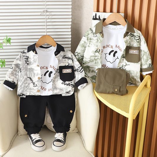 Baby Spring and Letter Shirt Three-Piece Set 2025 New Stylish Toddler Casual Autumn Korean Version Children's Clothing