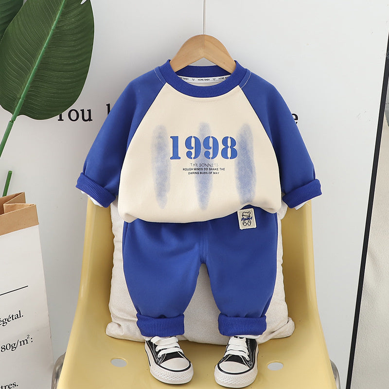 Boys' and Autumn 2025 New Baby Stylish Clothes Toddler Spring Color Block Raglan Sweatshirt Two-Piece Set Trendy