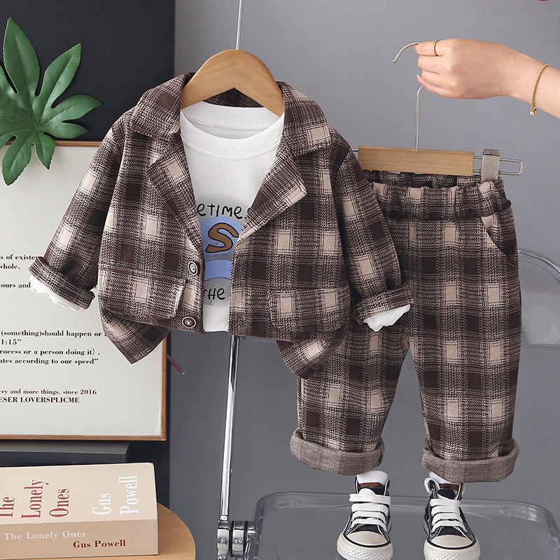 Children's Outfit Boys' Casual Plaid Suit Stylish One-Year-Old Baby Spring and Autumn Three-Piece Set Infant Toddler