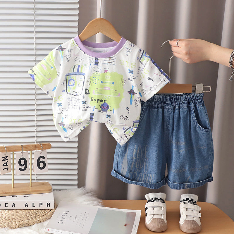 Boys' Outfit Short Sleeve 2026 New Fashionable Baby Children's Full-Print Cartoon Two-Piece Set Summer Toddler Clothing