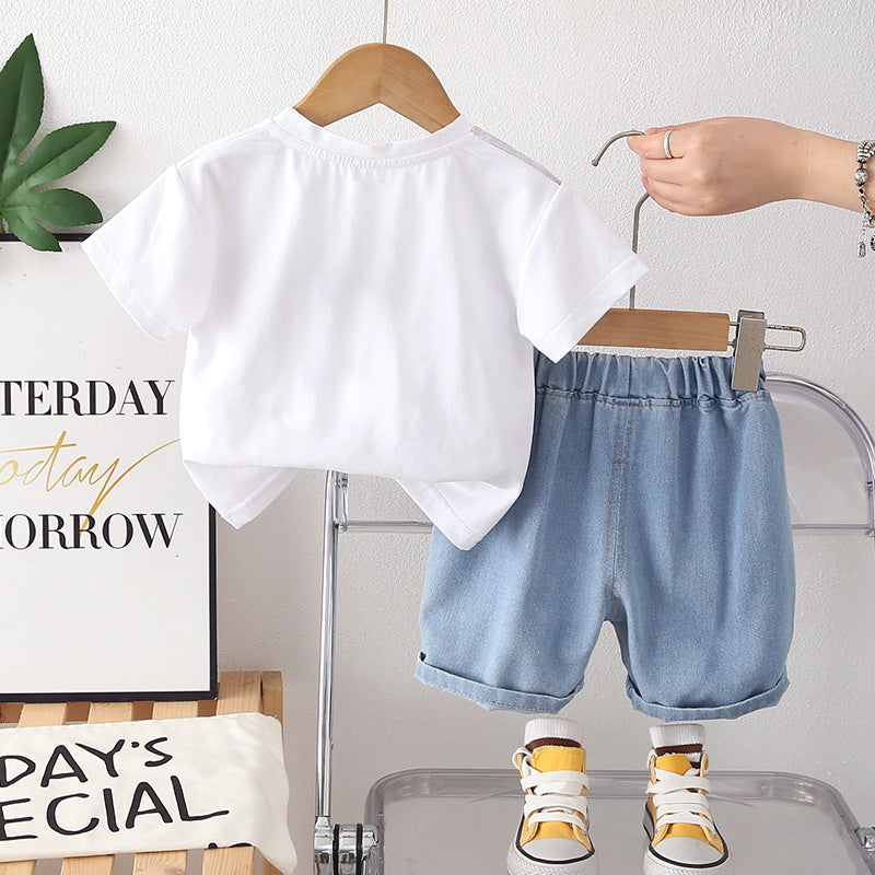 Children's Outfit 2026 Summer New Style Boys' Korean Version Casual Sports Printed Denim Two-Piece Set Short Sleeve Shorts Trendy