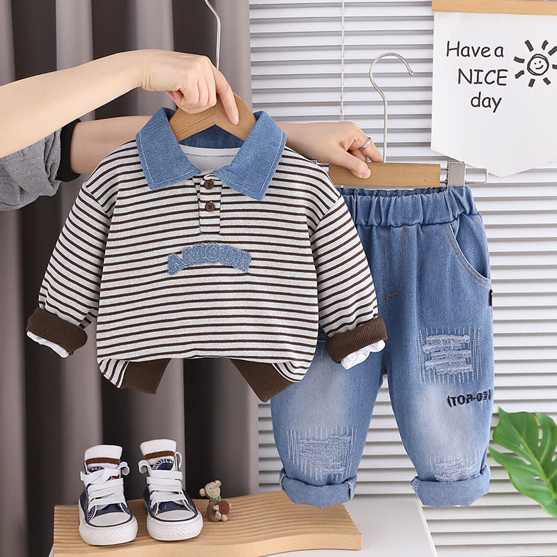 Boys' Outfit Set 2026 New Style Infant Children's Spring and Autumn Striped Denim Polo Sweatshirt Two-Piece Baby Boy Clothes