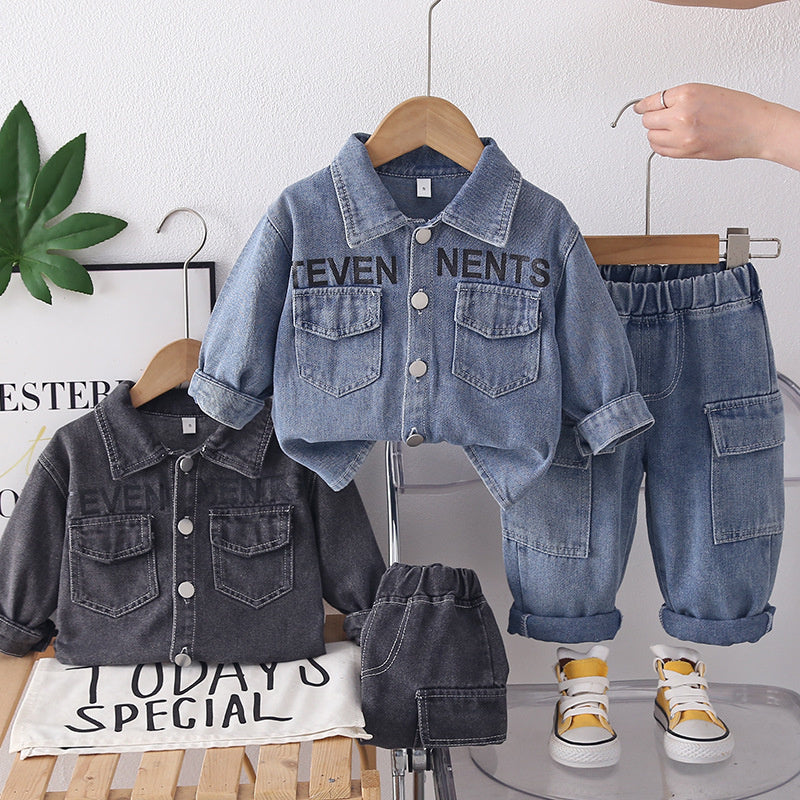 Boys' Suit for Spring and 2026 New Style Baby Autumn Outfit Korean Version Casual Stylish Turn-down Collar Denim Two-piece Set Wholesale