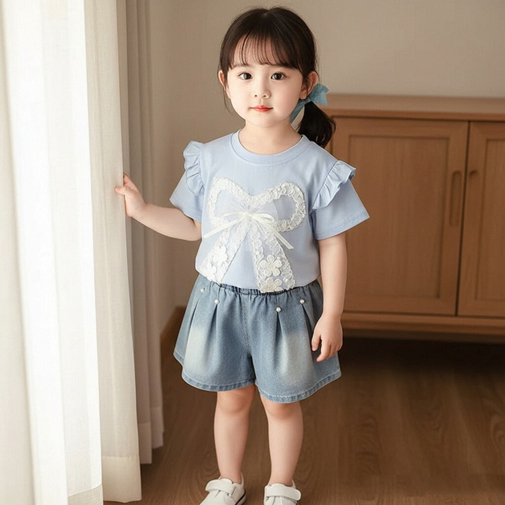 Girls' Short-Sleeve Outfit with Big Bow 1-4 Year Olds, Baby Clothes, Children's Wear, Lightweight Summer Clothing for Toddlers
