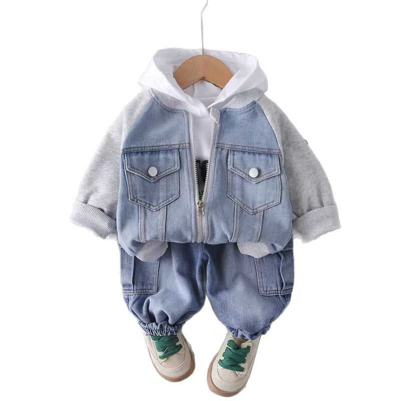 Boys' Autumn Outfit 2025 New Children's Spring-Autumn Denim Color-Block Double-Pocket Three-Piece Set for Toddlers 1-3 Years Old