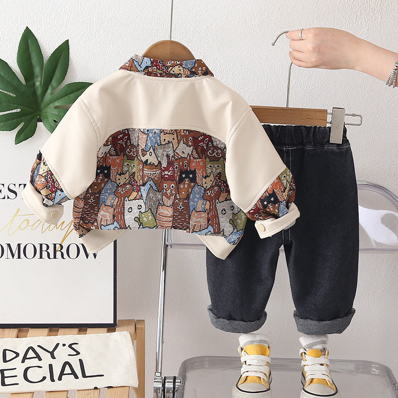 Boys' Casual Outfit 2026 New Spring and Autumn Baby Children's Patchwork Cartoon Leather Jacket Two-Piece Set Trendy