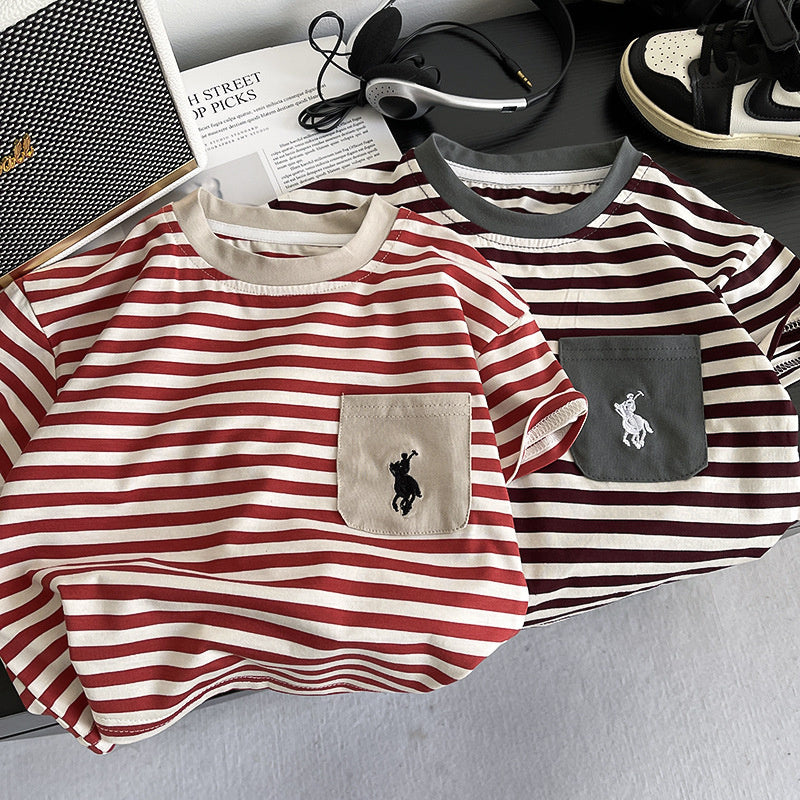 Boys' Outfit 2026 New Striped Embroidered Pocket Short Sleeve Two-Piece Set Children's Summer Clothes Trendy Kids' Wear
