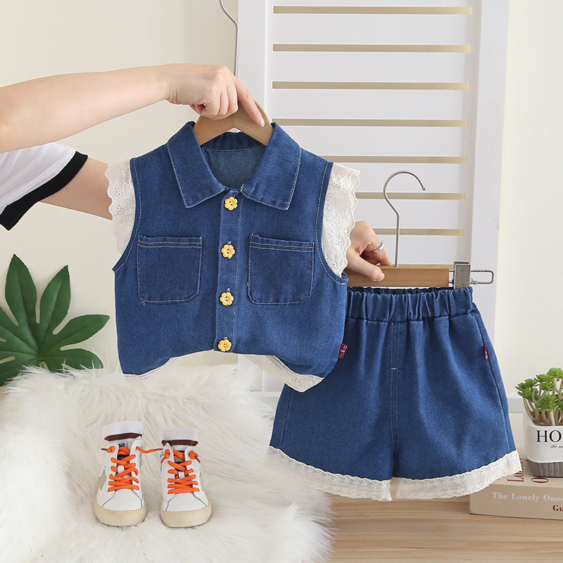 Girls' Outfit Set 2026 New Trendy Cool Children's College Style Denim Vest for Girls Summer Short Sleeve Wholesale