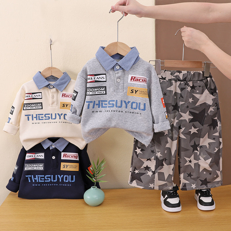 Boys' Spring and Autumn Outfit 2026 New Fashionable Children's Racing Style Turn-down Collar Sweatshirt Korean Version Casual Two-piece Set