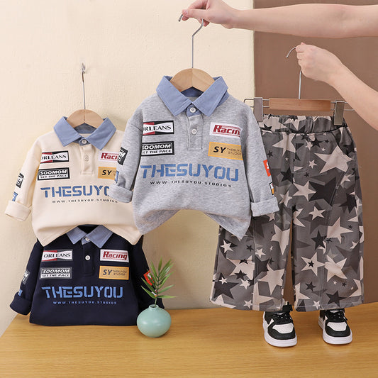 Boys' Spring and Autumn Outfit 2026 New Fashionable Children's Racing Style Turn-down Collar Sweatshirt Korean Version Casual Two-piece Set