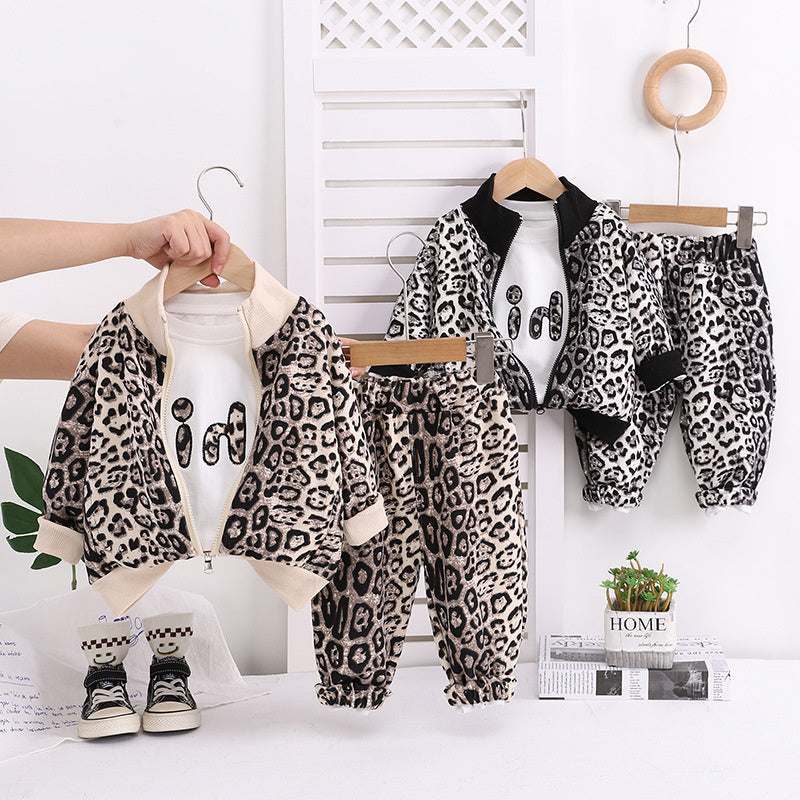 Boys' Clothing Baby Outfit Stand Collar Leopard Print Sports Two-Piece Set 2025 New Infant Spring Autumn Season 1 to 5 Years