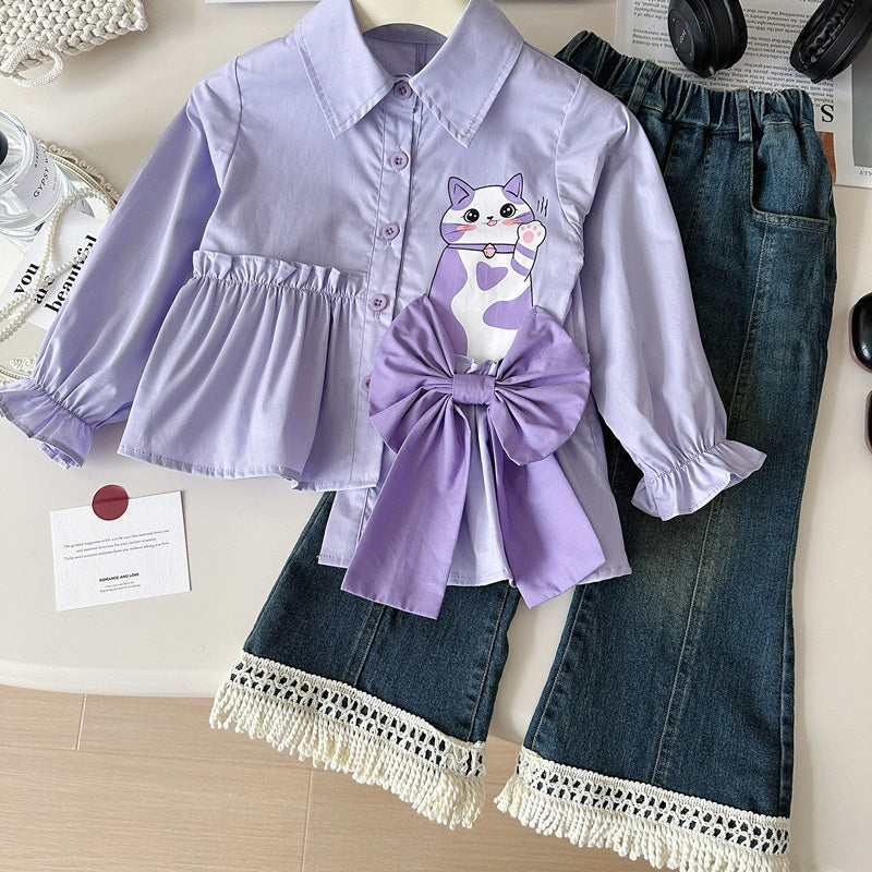 Girls' Spring Outfit 2025 New Korean Style Fashionable Long Sleeve Shirt and Denim Flared Pants Two-Piece Set Trendy