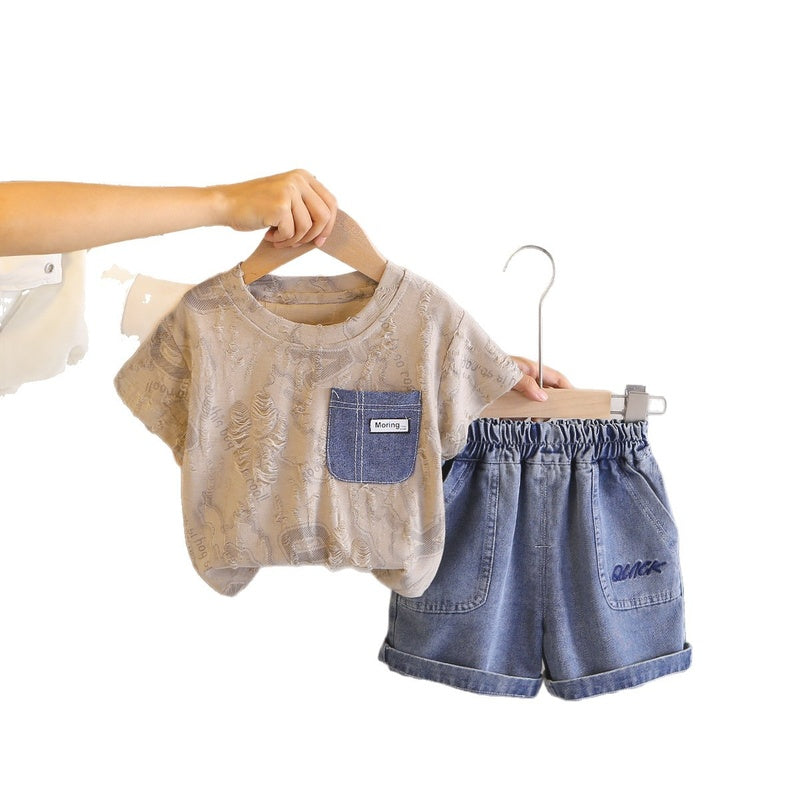 Boys' Summer Outfit 2026 New Thin Denim Pocket Short Sleeve Two-Piece Set for 1-3 Year Olds