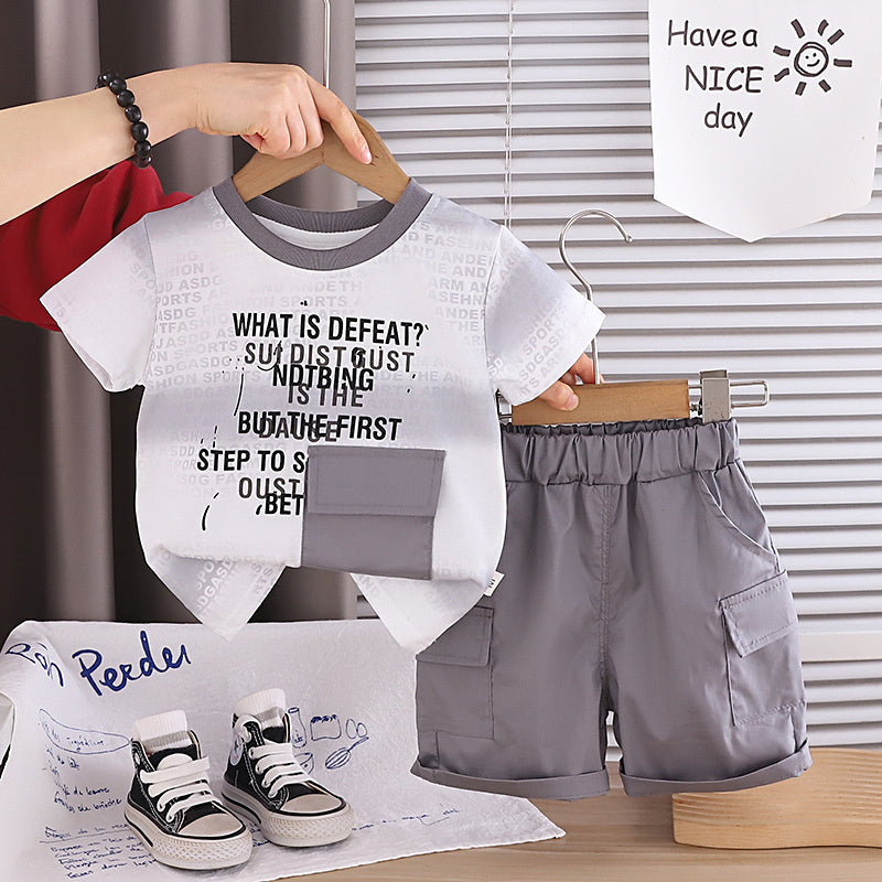 Baby boy short-sleeve two-piece set 2026 new children's summer clothing thin gradient wide stripe pocket suit for boys