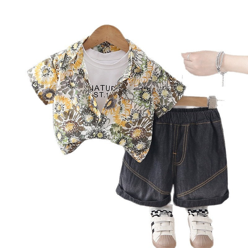 Three-Piece Suit 2026 New Style Boys' Floral Short-Sleeve Outfit Stylish Baby Summer Clothing