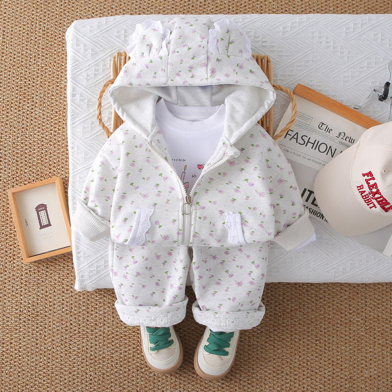 Girls' Outfit Stylish Baby Clothes Spring and Autumn Infant Toddler Full Print Small Flower Lace Three-Piece Set Trendy