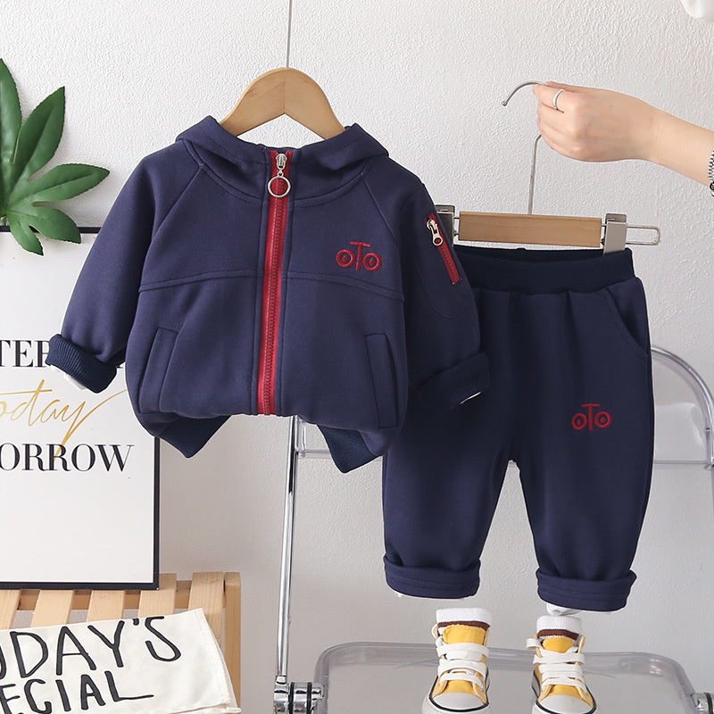 Boys' 2026 Spring Casual Set: Solid Color Hooded Zipper Jacket and Sporty Simple Two-Piece Set with Contrasting Colors