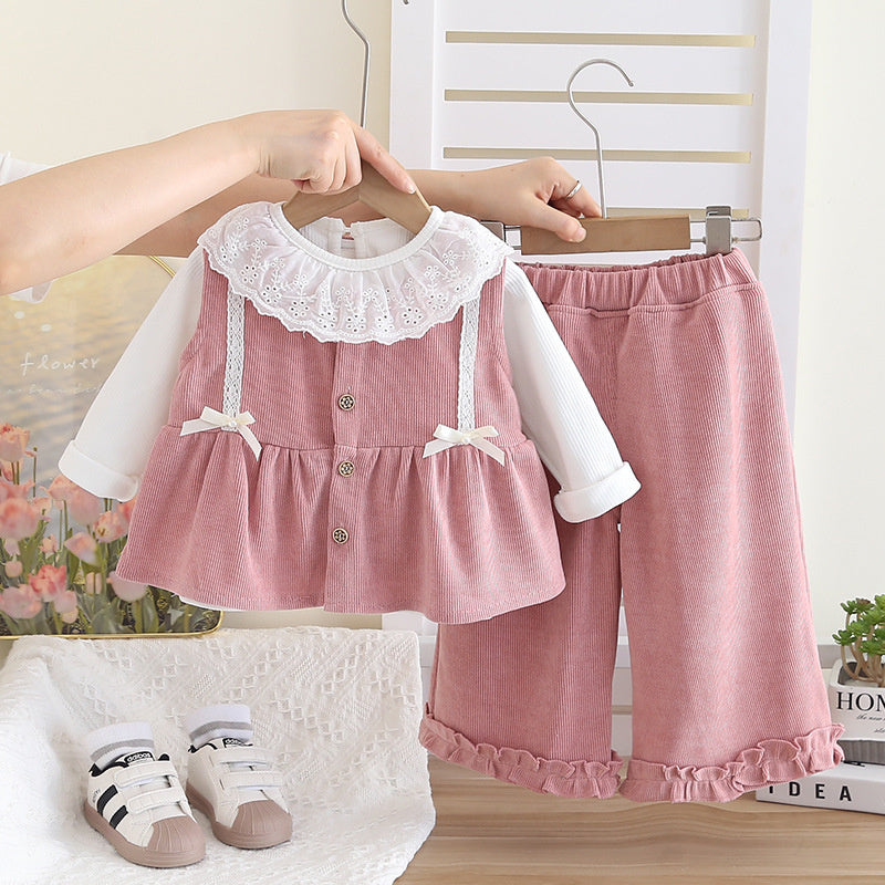 Girls' Outfit 2025 New Casual Spring and Autumn Stylish Clothes Baby Bowknot Vest Three-Piece Set