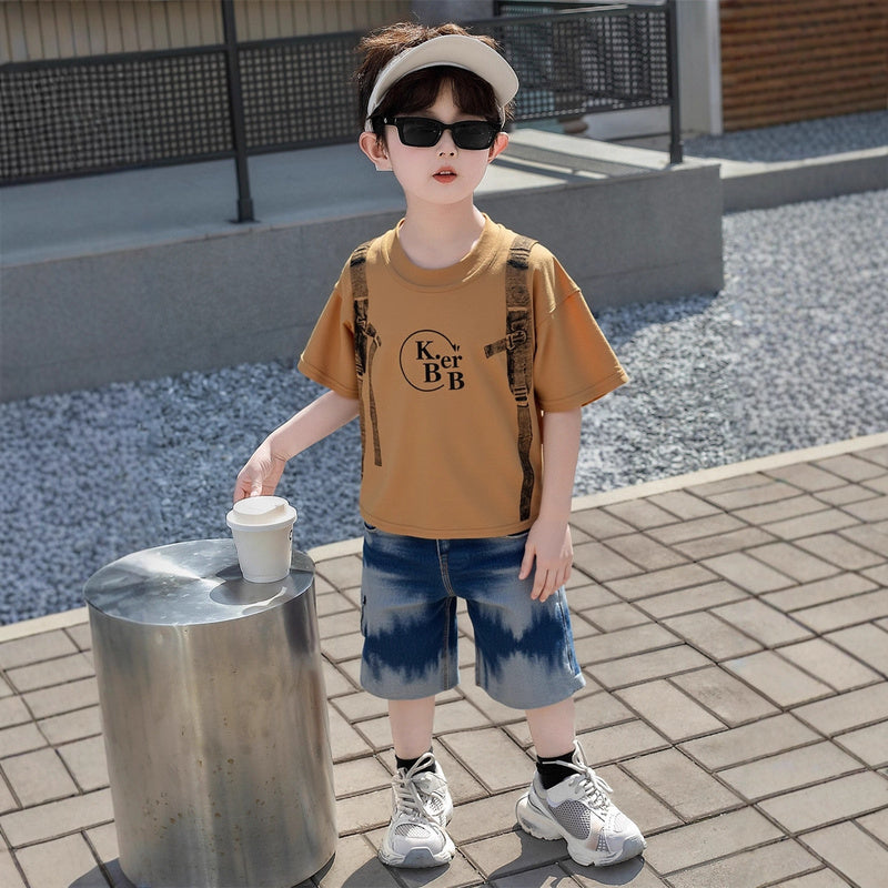 Boys' Outfit 2026 New Style Children's Faux Suspender Short Sleeve Baby Summer Thin Clothing Two-Piece Trendy Set