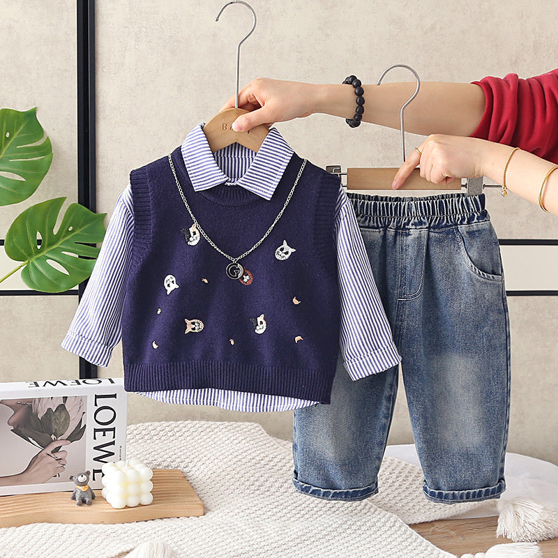 Boys' Sports Outfit 1-3 Years Old Baby Spring and Autumn Cat Sweater Vest Three-Piece Set Infant Toddler Clothing