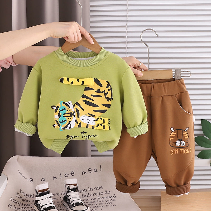 Boys' Outfit 2026 New Korean Style Fashionable Baby Spring and Autumn Round Neck Cartoon Long Sleeve Two-Piece Set