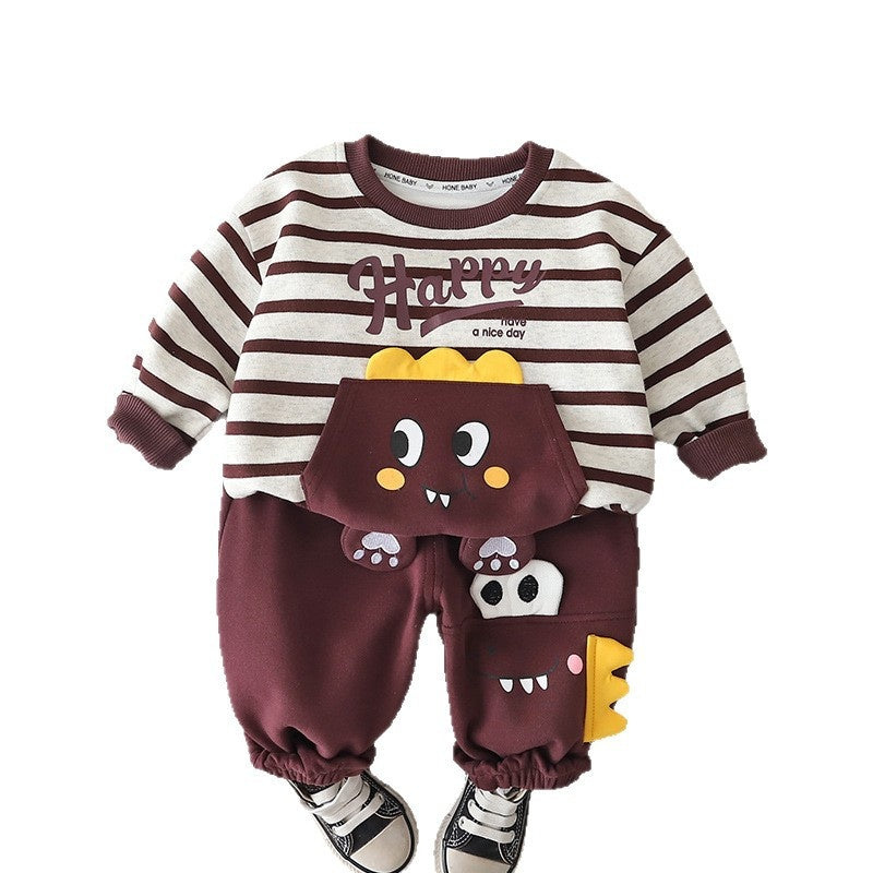 Boys' and Autumn Outfit 2026 New Style Baby Boy Spring Fashion Striped Dinosaur Two-Piece Set Infant Toddler Clothing