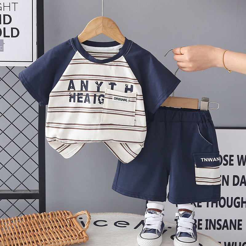 Boys' striped letter short-sleeve set, baby clothes, summer outfit for infants and children, two-piece children's clothing, trendy style