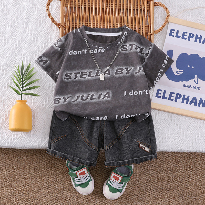 Baby children's clothing summer set, 2026 new stylish clothes for infants and toddlers, boys' two-piece short-sleeve set with letter necklace