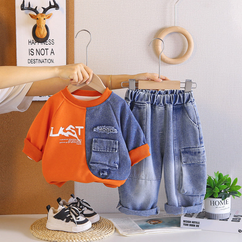 Boys' Outfit Set 2026 Casual Long Sleeve New Two-Piece Fashionable Baby Spring and Autumn Children's Patchwork Sweatshirt